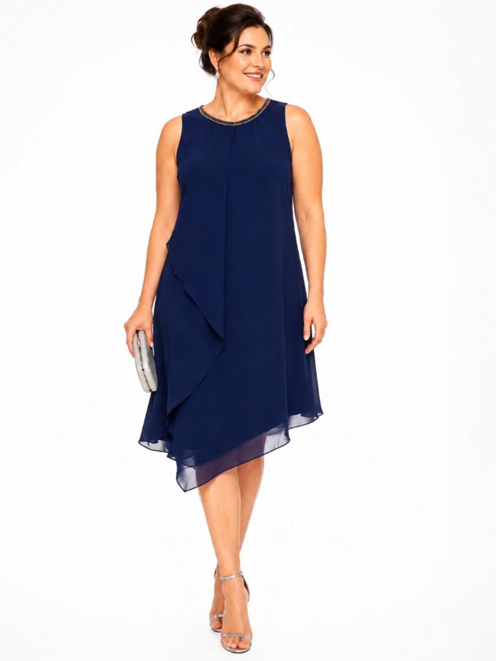 MSK Navy Blue Layered Chiffon Beaded Sleeveless Special Occasion Midi Dress